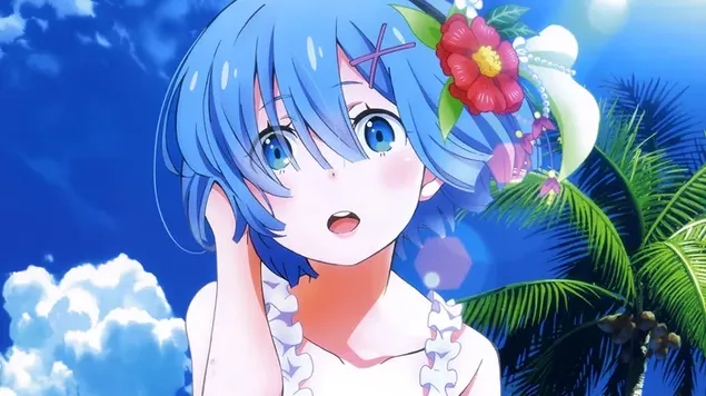 Verwarde blik van een mooi animemeisje met een rode bloem in haar blauwe haar bij bewolkt weer download