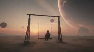 Tapeta Kontemplativní astronaut na houpačce nad surrealistickou exoplanetou 2K