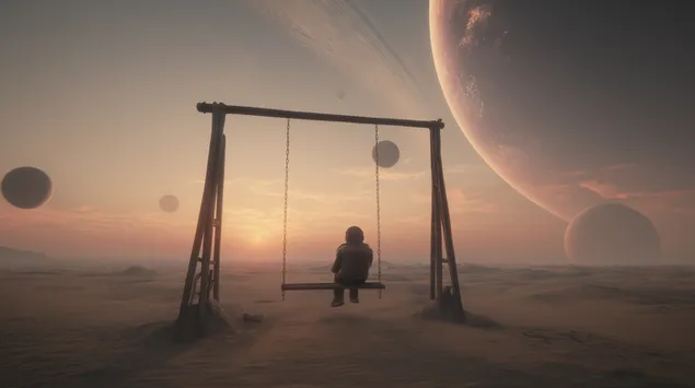 非現実的な太陽系外惑星の上空をブランコで飛ぶ思索的な宇宙飛行士 2K 壁紙