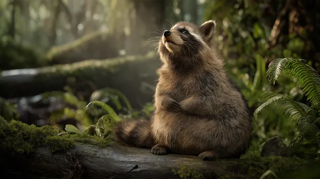 Turinys Meškėnas ilsisi ant miško rąsto 2K ekrano užsklanda