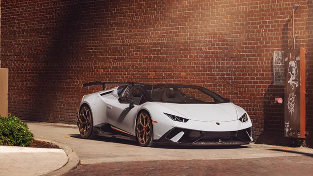 Ταπετσαρία Cabrio Λευκή Lamborghini Huracan με φόντο τοίχο από τούβλα 8K
