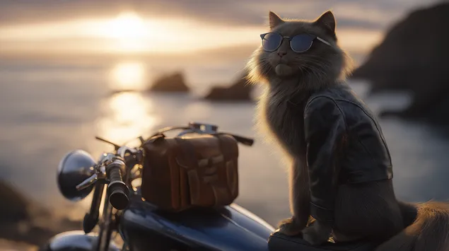 美しい海岸の夕日を背景にバイクに乗るクールな猫 2K 壁紙