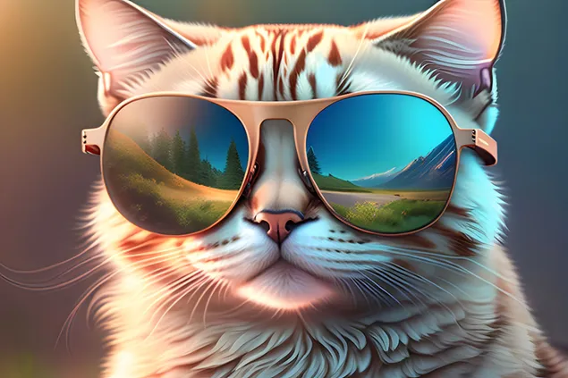 サングラスをかけたクールな猫がサングラスから自然の景色を映し出す 2K 壁紙