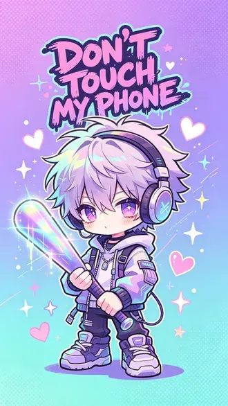 cool chibi anime kluk se sluchatky a baseballovou palkou - nesahej na muj telefon ilustrace stahnout
