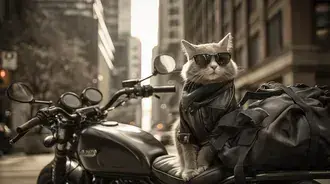cool feline na motorce v bunde a slunecnich brylich v mestskem prostredi stahnout