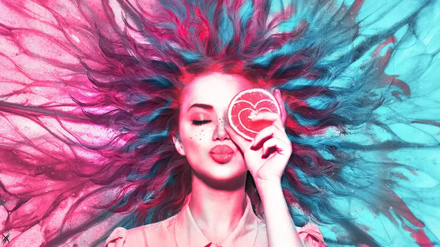 Cooles Neonmädchen küsst und hält Herz vor ihre Augen 4K Hintergrundbild