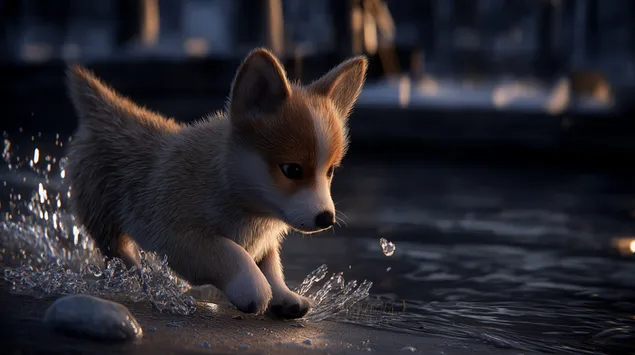 corgi-hondjie speel in die vlak water by die waterkant aflaai