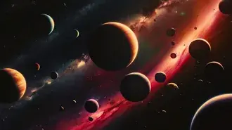 Космический танец — планеты и небесные тела кружатся в яркой туманности 4K обои