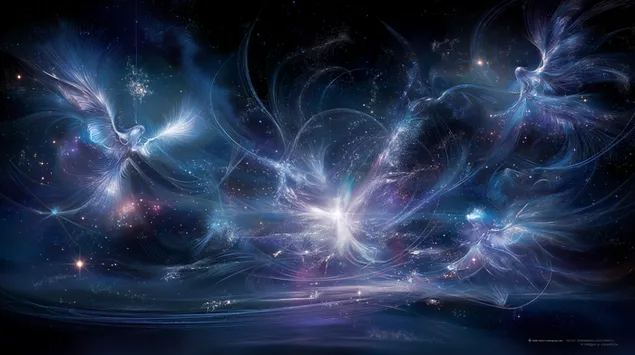 Skenë fantazie kozmike me qenie eterike dhe pluhur yjesh 2K sfond