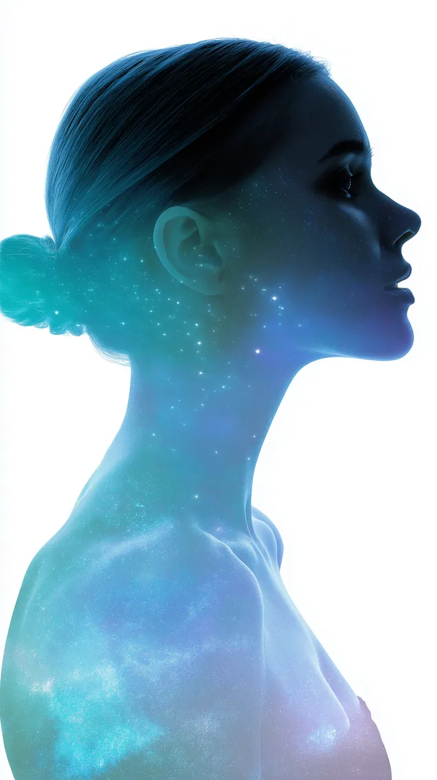 prezemete kosmichka zhenska silueta so dzvezdena aura