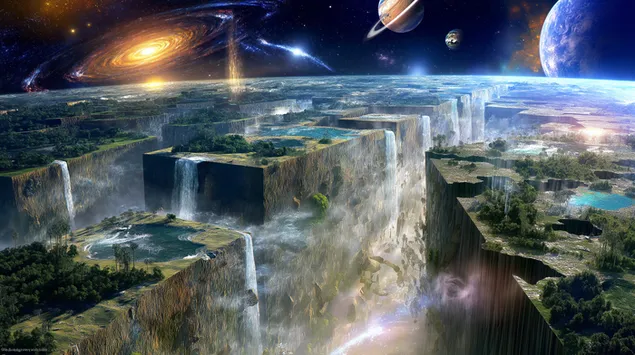 Terre plate cosmique avec bords en cascade et vue céleste 2K fond d'écran