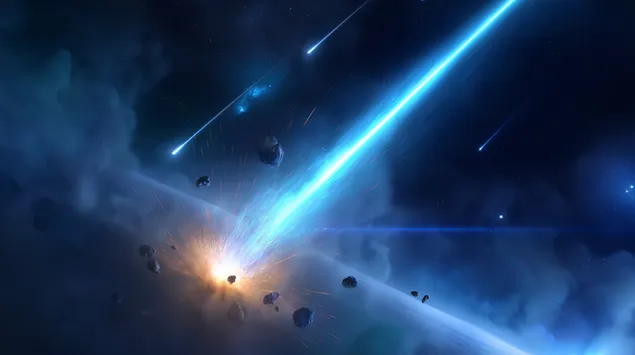 kosmicky dopad sceny se zaricim asteroidem a troskami stahnout