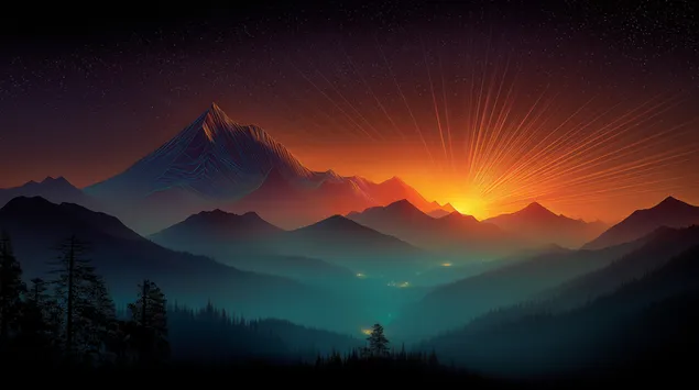 Taustakuva Kosminen vuoristoaamunkoitto eloisalla valopurkauksella 2K