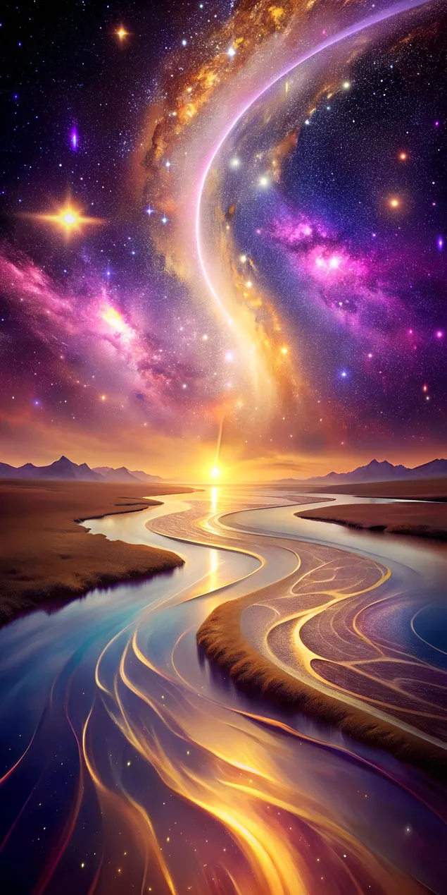 Kosmische rivier van vloeibaar sterrenlicht in goud, roze en diep violet met hemellichamen die op de achtergrond ronddrijven 2K achtergrond