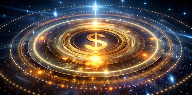 Koncepti i pasurisë kozmike, një galaktikë e simboleve financiare dhe prosperitetit të artë 4K sfond