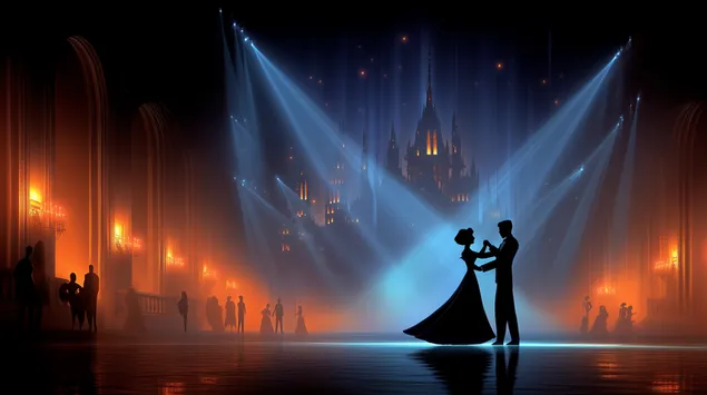 pari tanssii kohdevalojen alla suuressa, eteerisessa salissa lataa