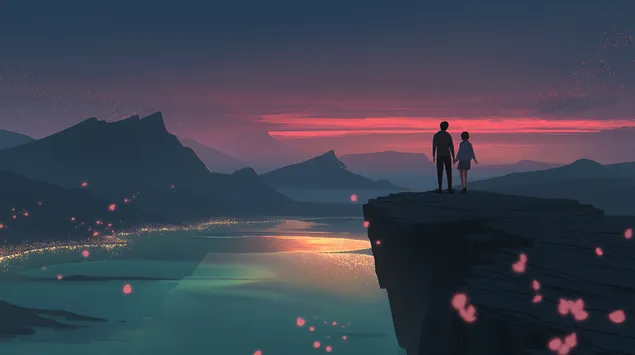 Cuplu pe marginea stâncii cu vedere la peisajul nocturn luminos 2K imagine de fundal