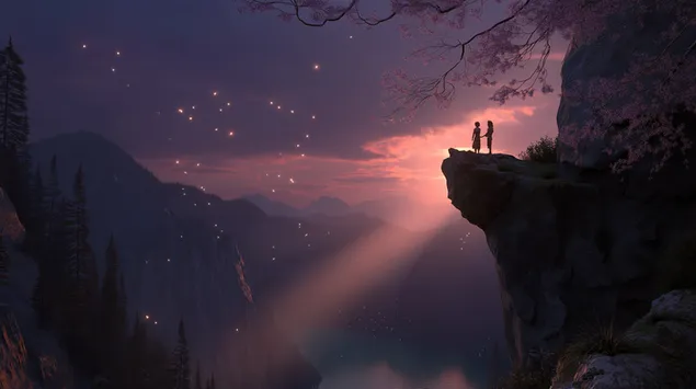 pariskunta kallion reunalla taianomaisen auringonlaskun ja kelluvien valojen aarella lataa