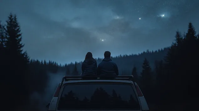 Pasangan di atas mobil sambil melihat langit berbintang 4K wallpaper