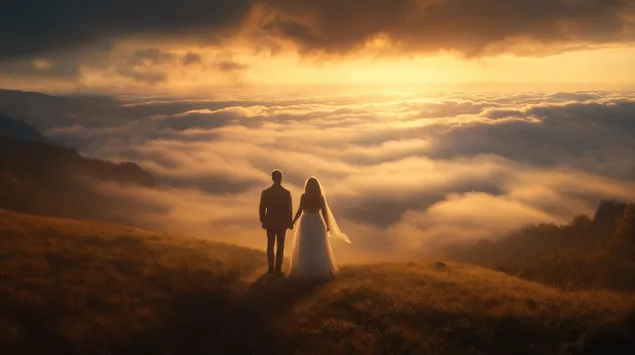 צללית של זוג מעל עננים בשקיעה זהובה 2K טפט