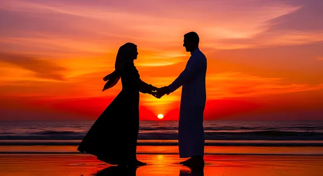 koppelsilhouette beim sonnenennergang: romantesche strandspadseiergang eroflueden