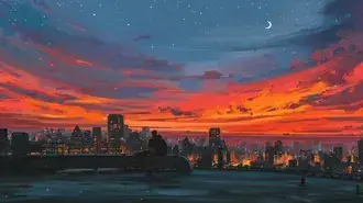 함께 도시의 일몰과 달이 뜨는 것을 지켜보는 커플 4K 배경화면