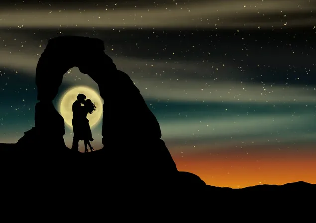 夜の星の風景の中の愛と岩のシルエットのカップル