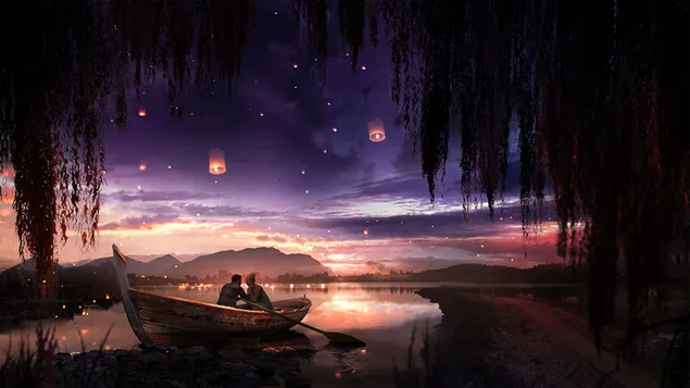 Paare auf dem Boot in der sternenklaren Nacht 4K Hintergrundbild
