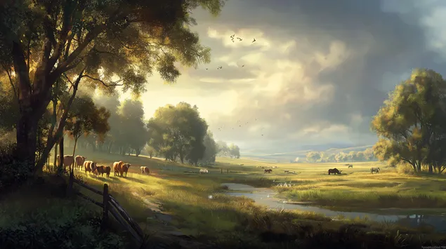 Lopë që kullosin në një livadh të lagur nga dielli 2K sfond