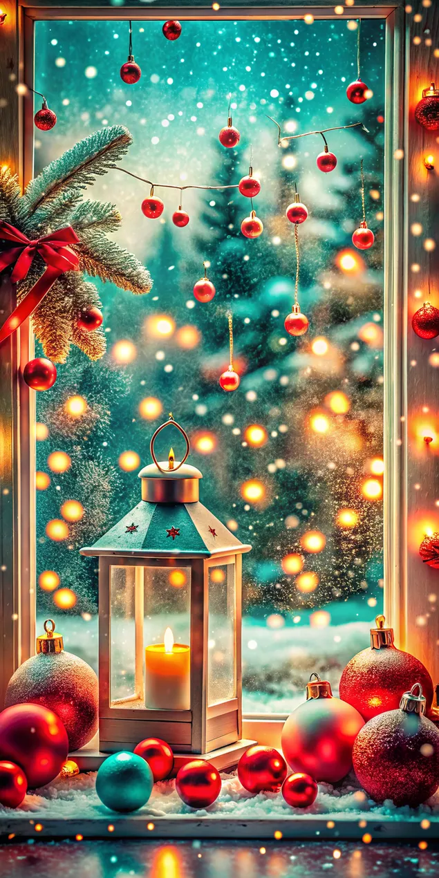 ugodna scena badnje veceri sa snijegom ispred ukrasenog prozora preuzmi