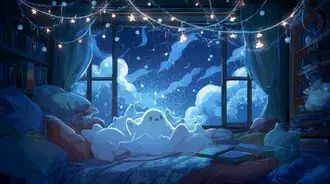 Cozy Ghost in Bed with Starry Night View 2K wallpaper