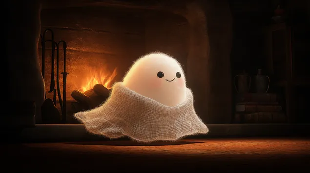 Шпалери Затишний привид, загорнутий у ковдру, біля теплого каміна 2K