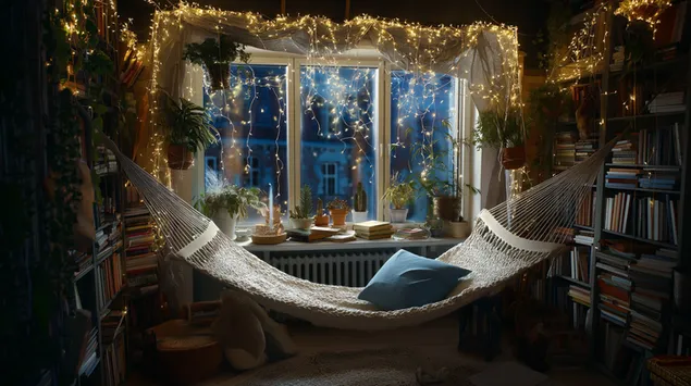 Уютный гамак в квартире с гирляндами и книгами 2K обои