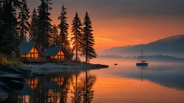 kabina komode buze liqenit ne lindjen e diellit me varke me vela shkarkim