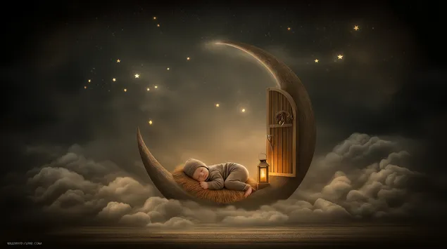 Tapeta Útulné novorozeně spí na chlupatém měsíci s pohádkovými světýlky 2K