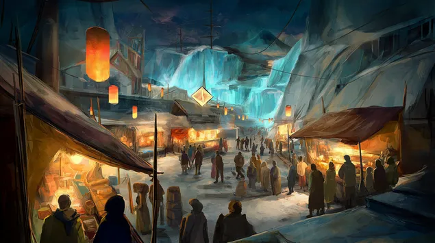 mysig nattmarknad i en snoig kanjonstad med lyktor ladda ner