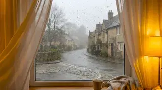 cozy rainy day window view of english village street download