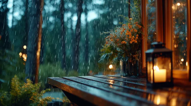 ugodan pogled na kisnu sumu uz svjetlost svijeca i buket cvijeca preuzmi