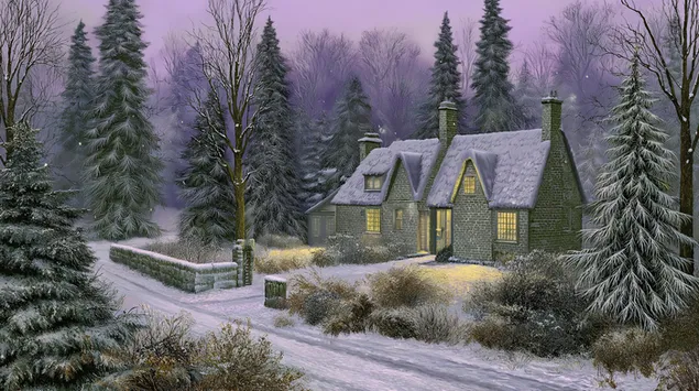 ugodna kamena kucica u snjeznoj sumi tokom zimske veceri preuzmi