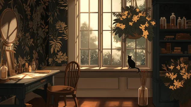 Acogedor rincón de estudio con gato y luz solar 2K fondo de pantalla