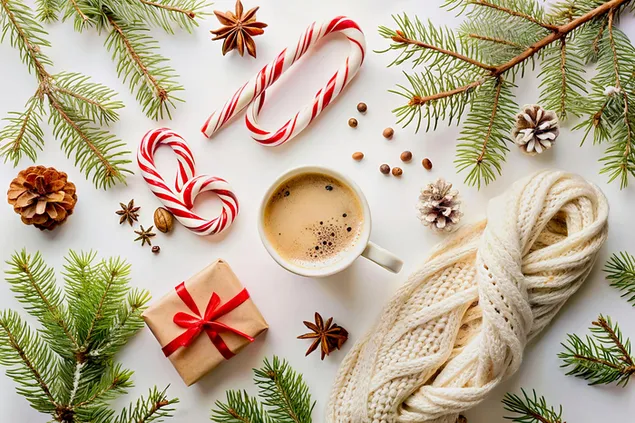 prezemete prijatna zimska praznichna stsena so toplo kafe, bonboni, stapchinja i borovi shisharki