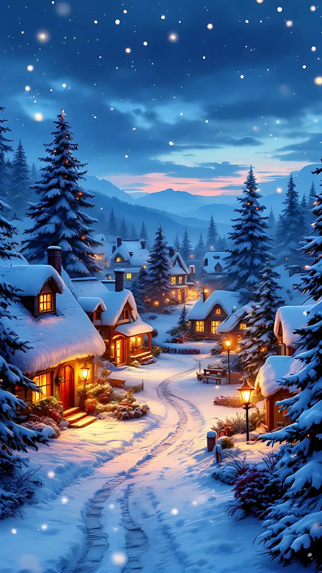 Cozy Winter Village Christmas Scene 2K wallpaper