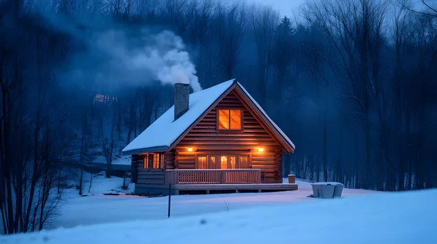 Gemittlech hëlzent Kabine an engem Wanter Wonderland 8K Tapeten