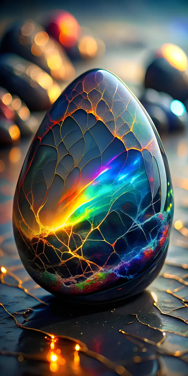 Напукана черна обсидианова повърхност със светещи дъговидни вени, пулсиращи сякаш жив организъм е хванат отдолу 2K тапет