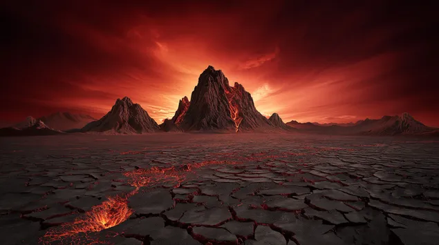 Pământ crăpat și munți înflăcărați în peisajul vulcanic 2K imagine de fundal