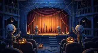 Tapeta Strašidelné halloweenske divadlo: Jack-o'-Lanterns a tajomné bábky na javisku 2K
