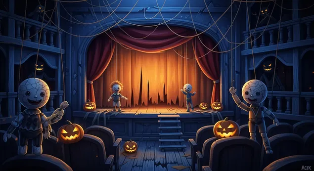 zhutkiy teatr na khellouin: tykvennye fonari i zhutkie marionetki na stsene skachat'