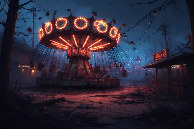 Adegan karnival berhantu yang menyeramkan dengan tunggangan rosak, lampu neon yang menakutkan dan suasana hantu, gaya ilustrasi terperinci 2K kertas dinding