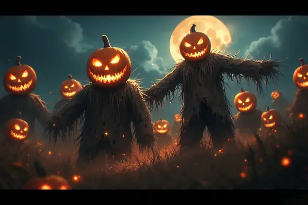 Creepy Scarecrow Army With Glowing Pumpkin Heads Horror Cinematic 