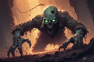 Zombie krabbelt vum Buedem mat onheemleche liewegen Aen, Illustratiounskonschtstil.ee 2K Tapeten